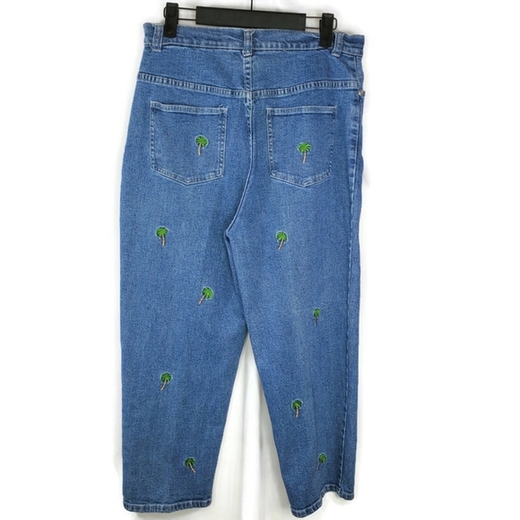 Quacker Factory Crop Blue Denim Jeans Palm Trees Embroidered High Waist Size 12 - Picture 8 of 8